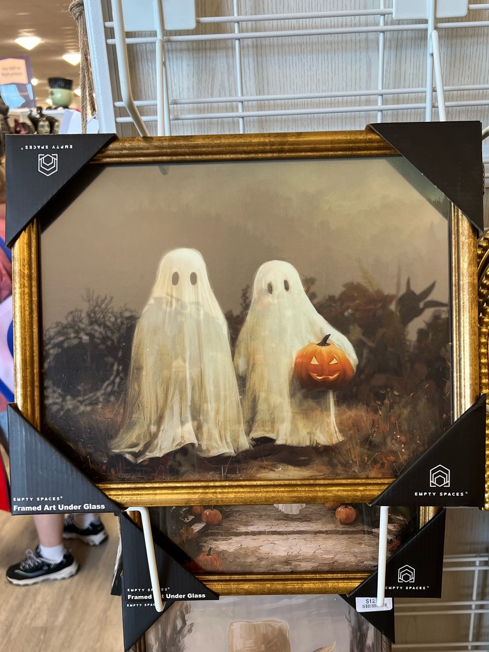 Haunted Ghosts Holding Pumpkin Halloween Print in Gold Frame -Empty Spaces
